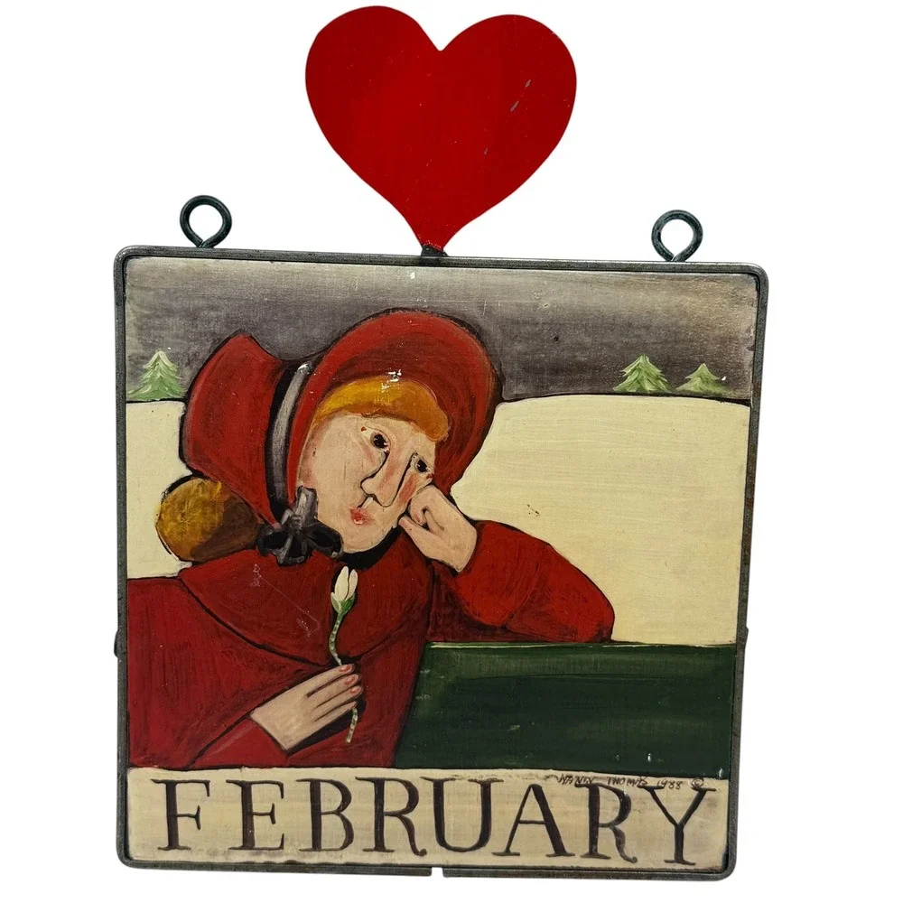 Nancy Thomas 1988 February Calendar Tile Plaque Folk Art Metal Frame Heart 8x8